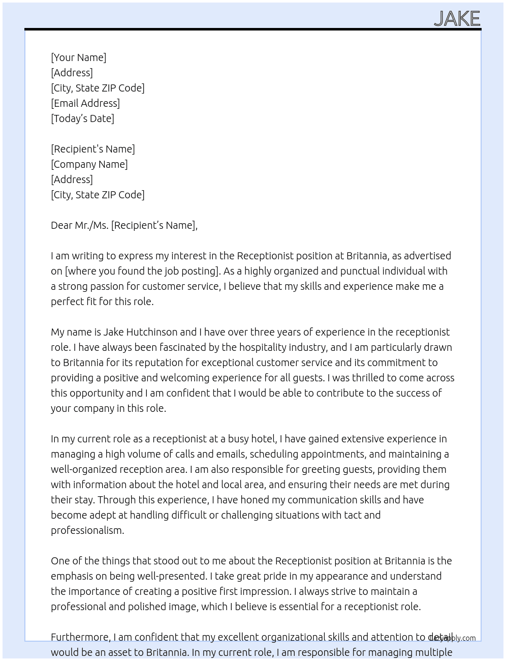 Receptionist At Britannia Cover Letter