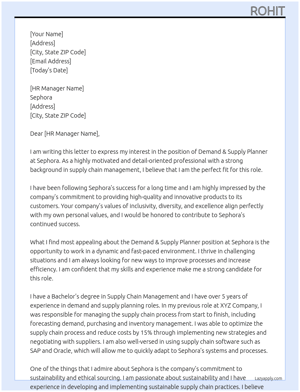 demand & supply planner At Sephora Cover Letter