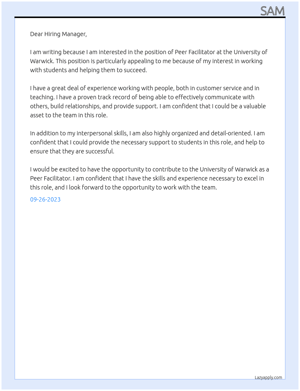 Peer Facilitator At University of Warwick Cover Letter