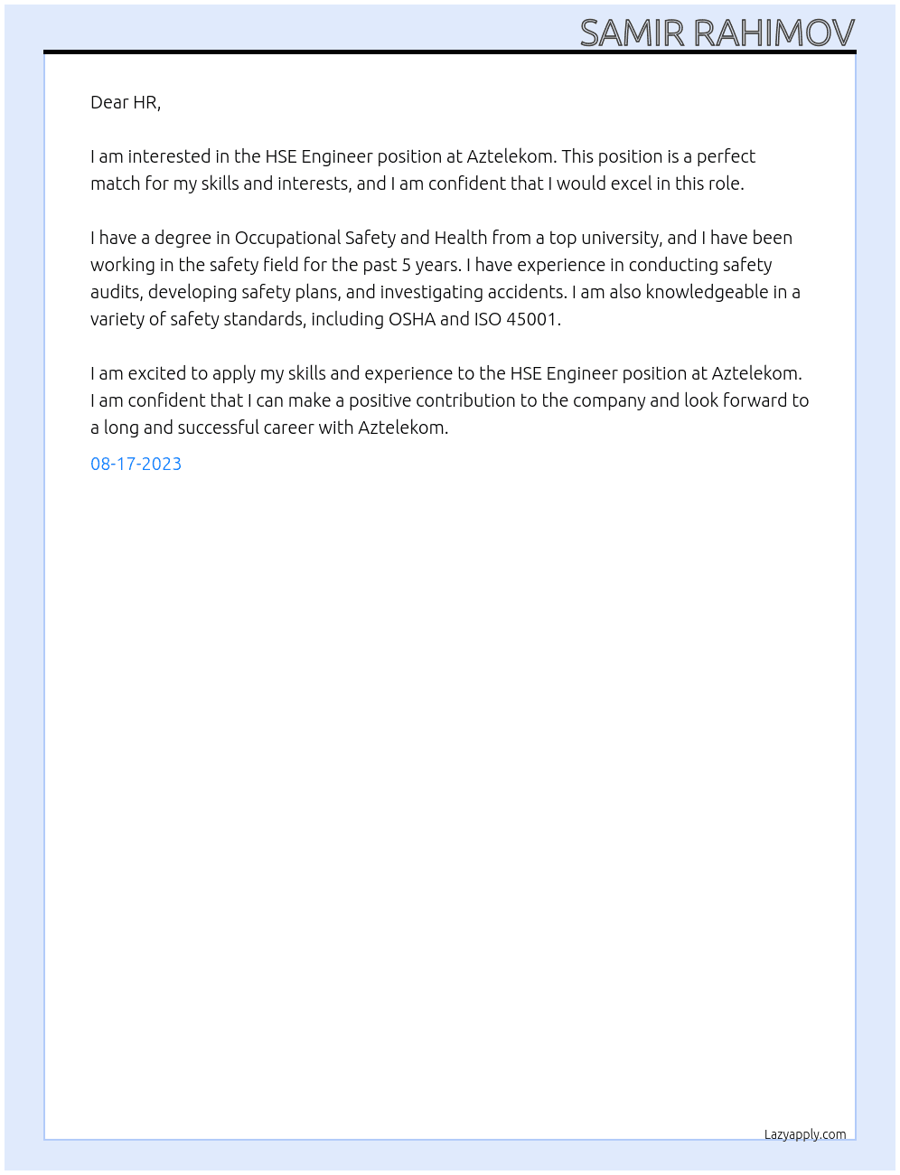 HSE Engineer At Aztelekom Cover Letter