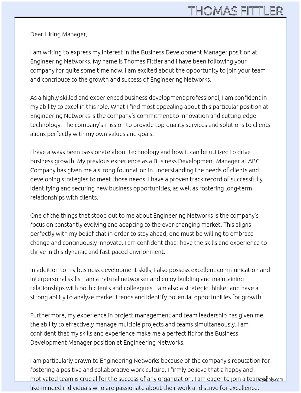 Business Development Manager At Engineering networks Cover Letter
