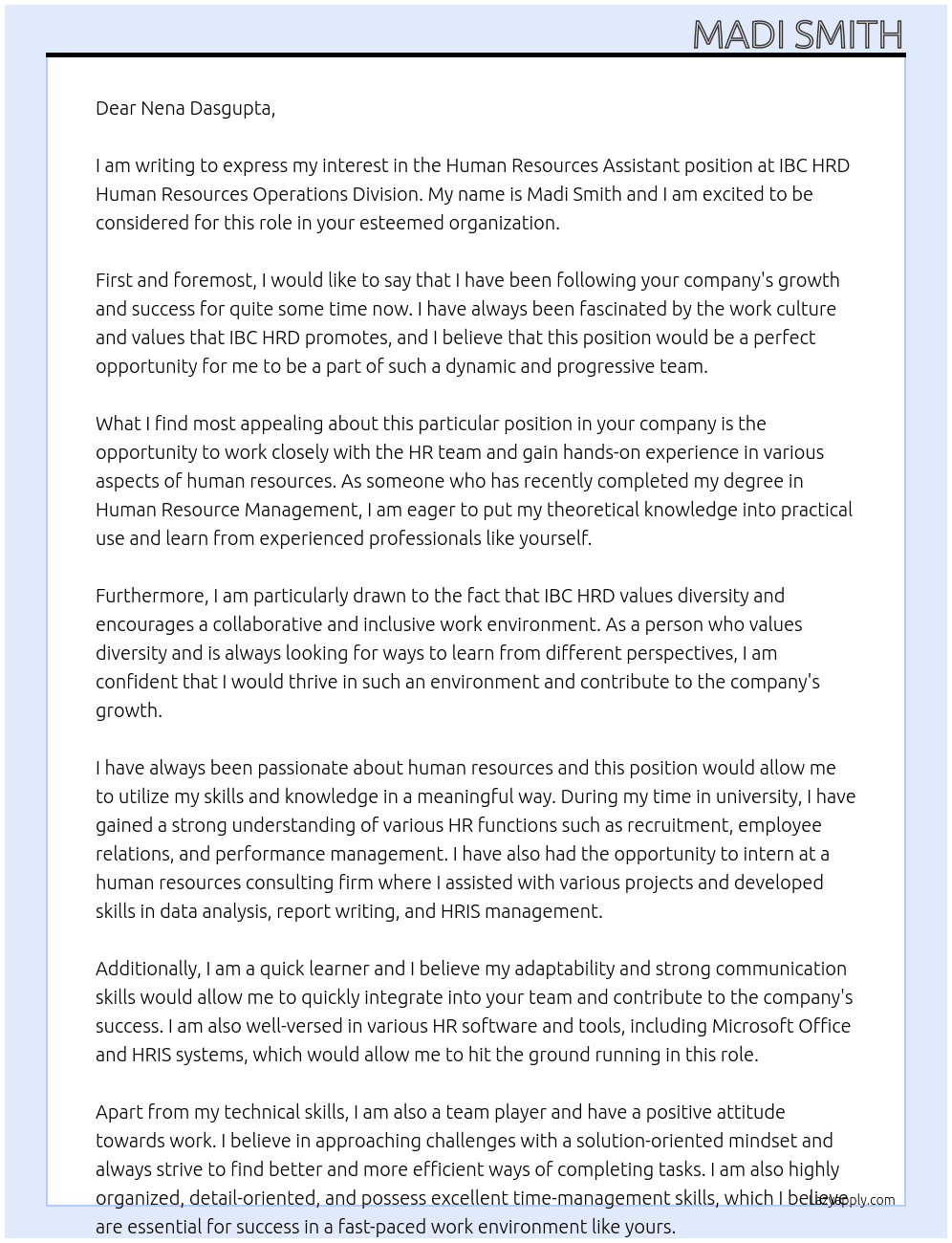Human Resources Assistant At IBC HRD Human Resources Operations Division Cover Letter