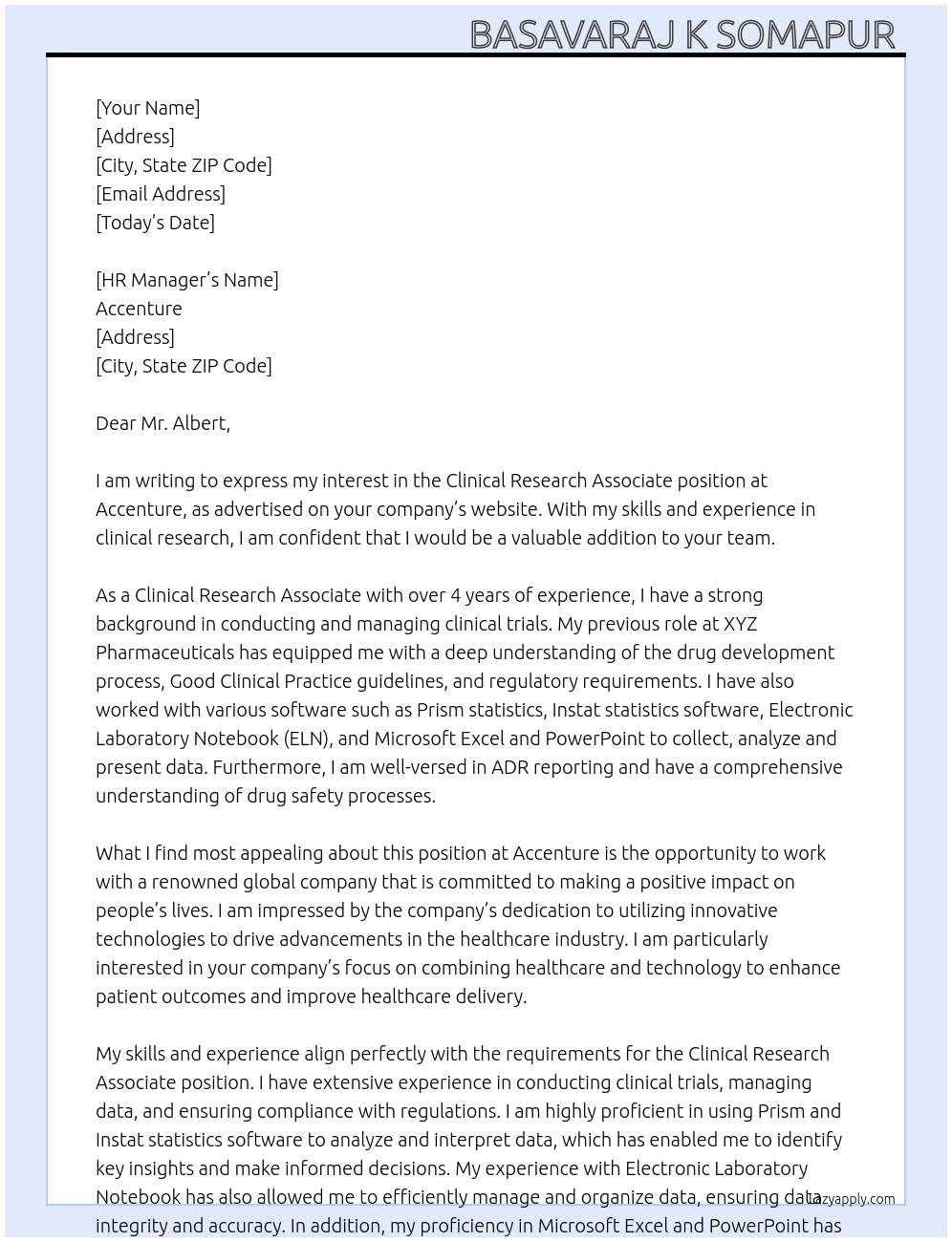 clinical research associate At accecenture Cover Letter