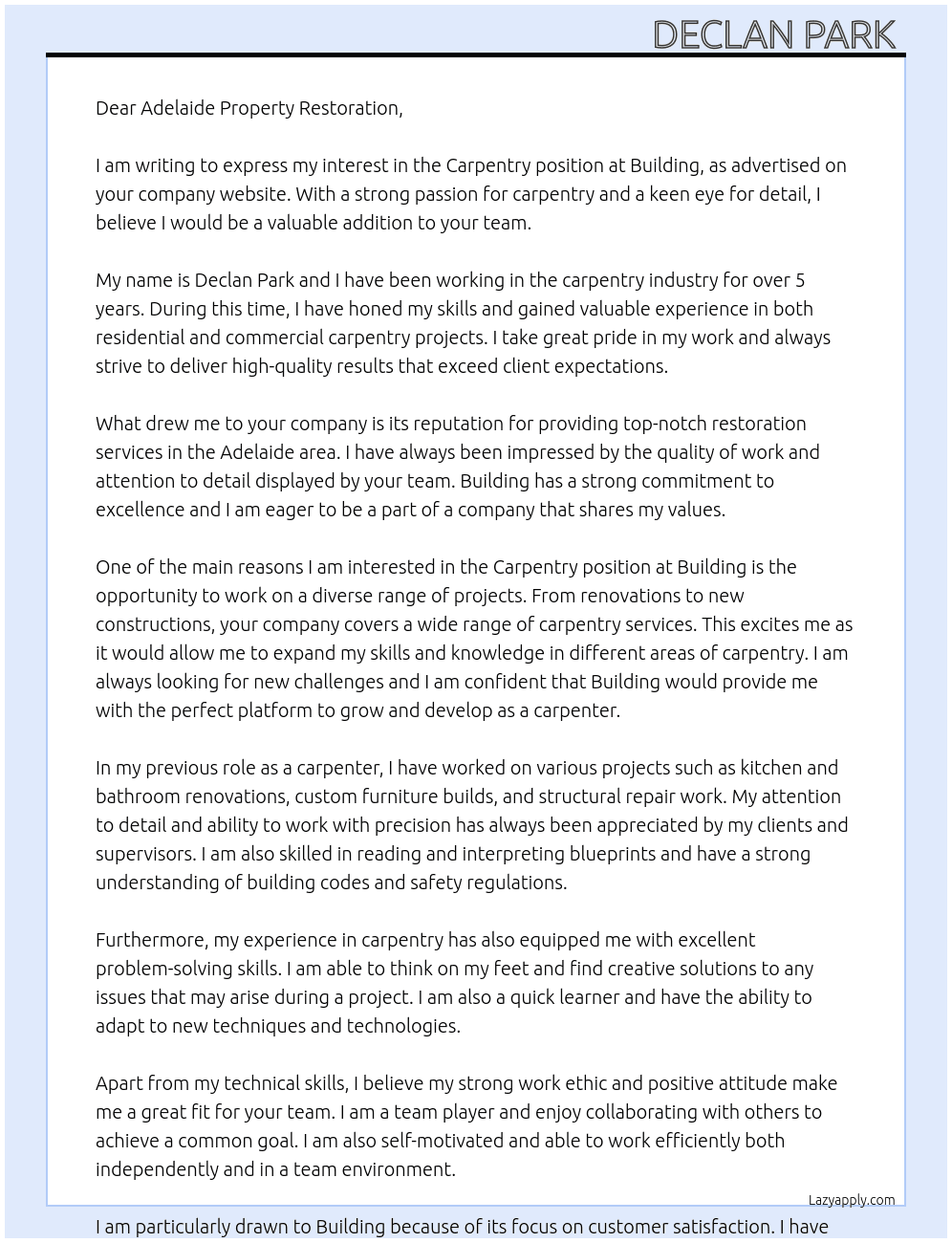 Carpentry At Building  Cover Letter