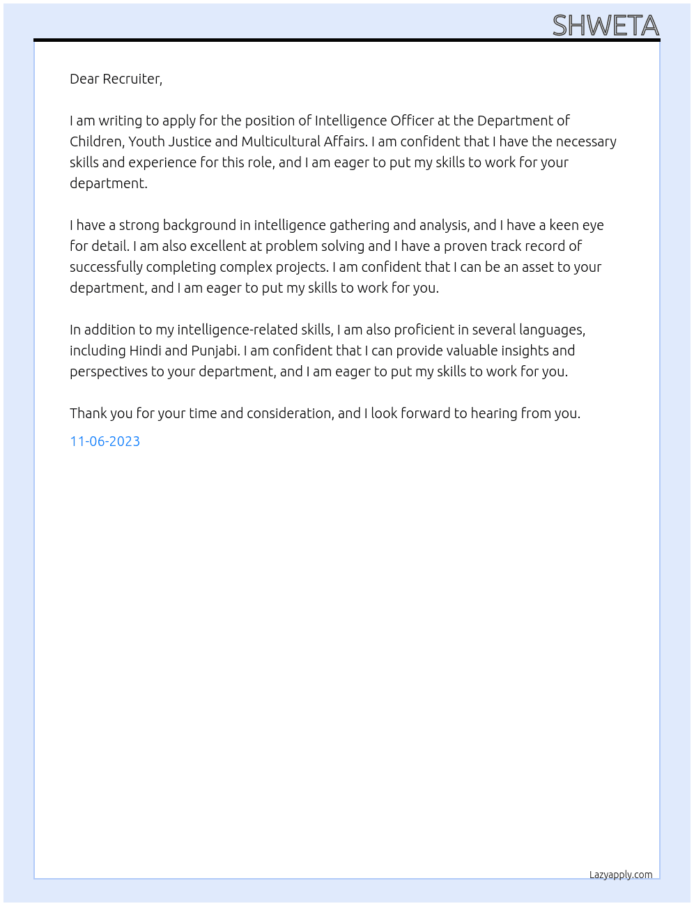 Intelligence officer At Department of children, youth justice and multicultural affairs Cover Letter