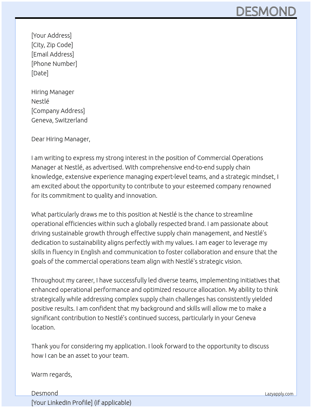 Cover letter for commercial operations manager - LazyApply