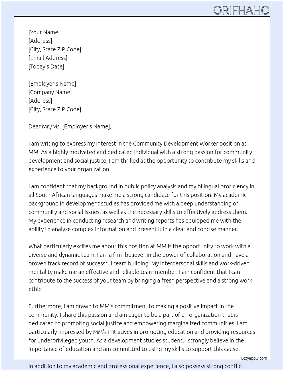 Community development worker At Mm Cover Letter