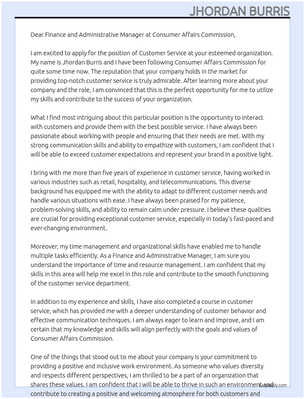 Customer service At Consumer Affairs Commission Cover Letter