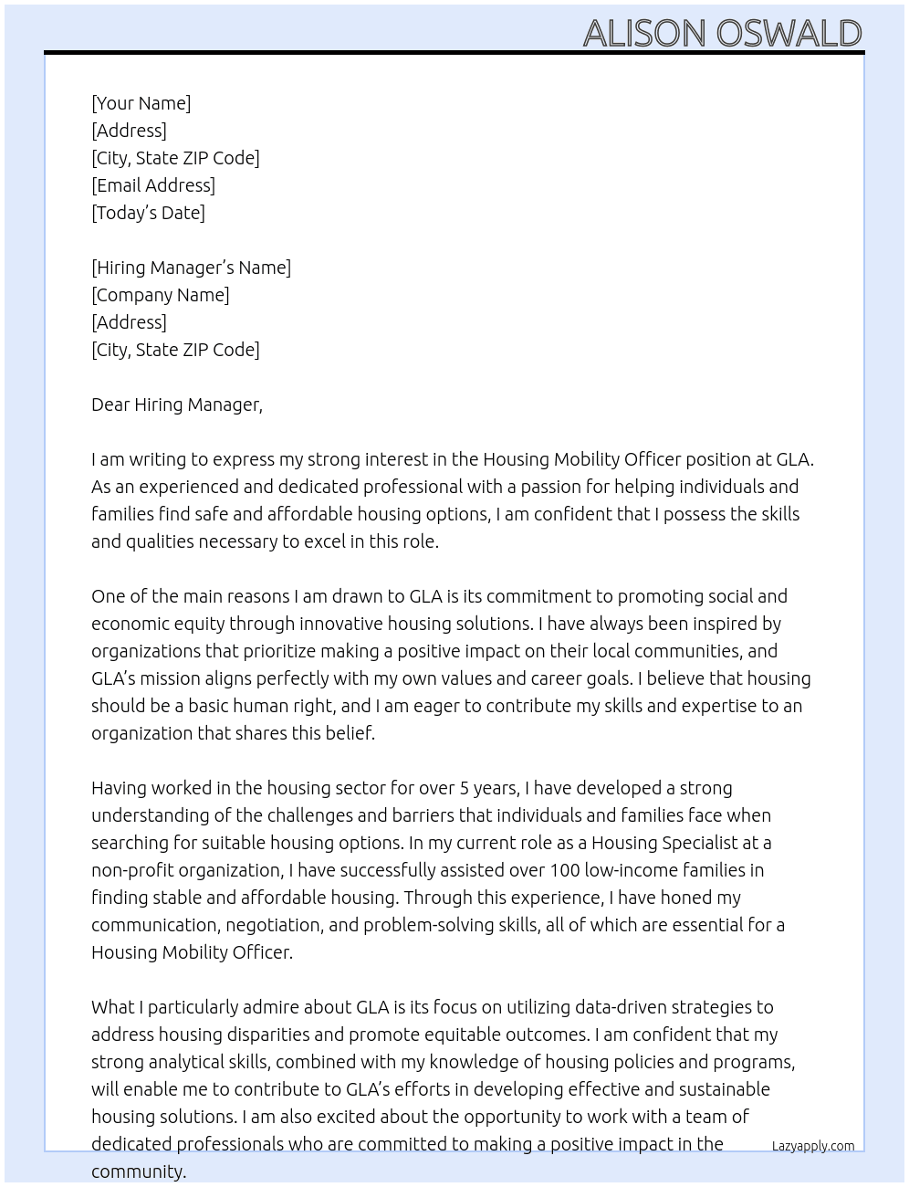 Housing Mobility Officer At GLA Cover Letter