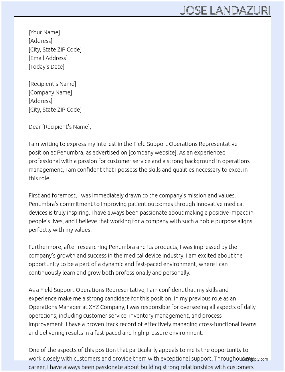 Field Support Operations Representative At Penumbra Cover Letter