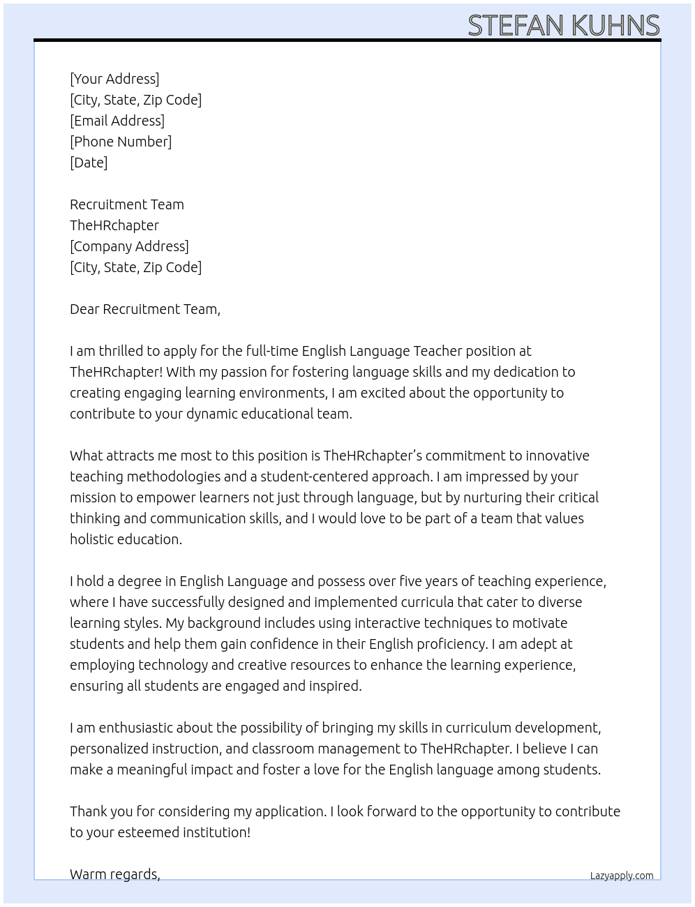 English language Teacher At TheHRchapter Cover Letter