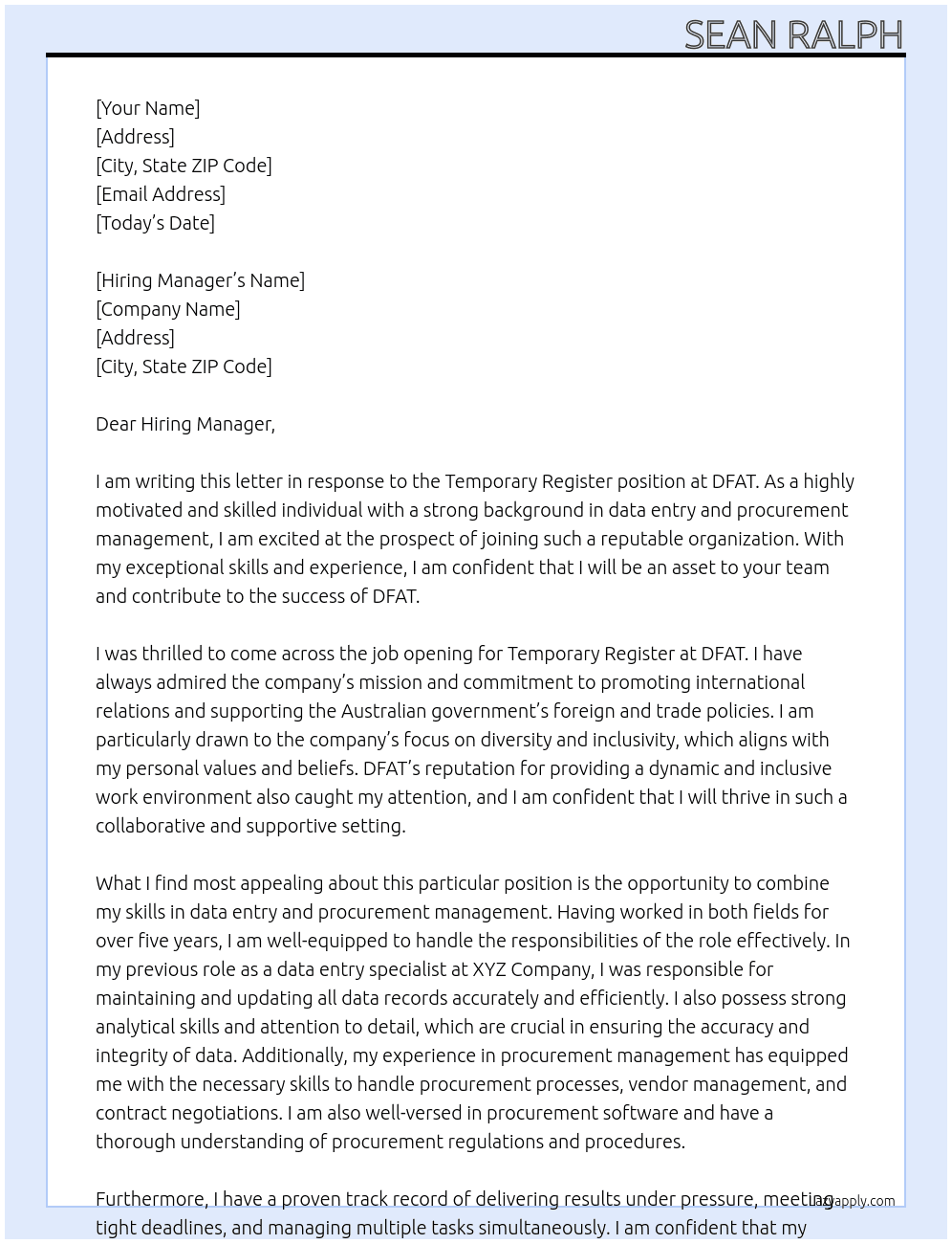 Temporary Register At DFAT Cover Letter