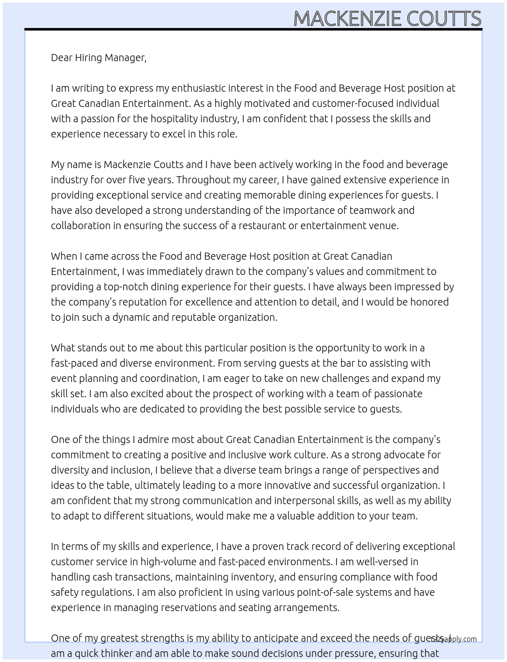 Food and Beverage Host At Great Canadian Entertainment Cover Letter