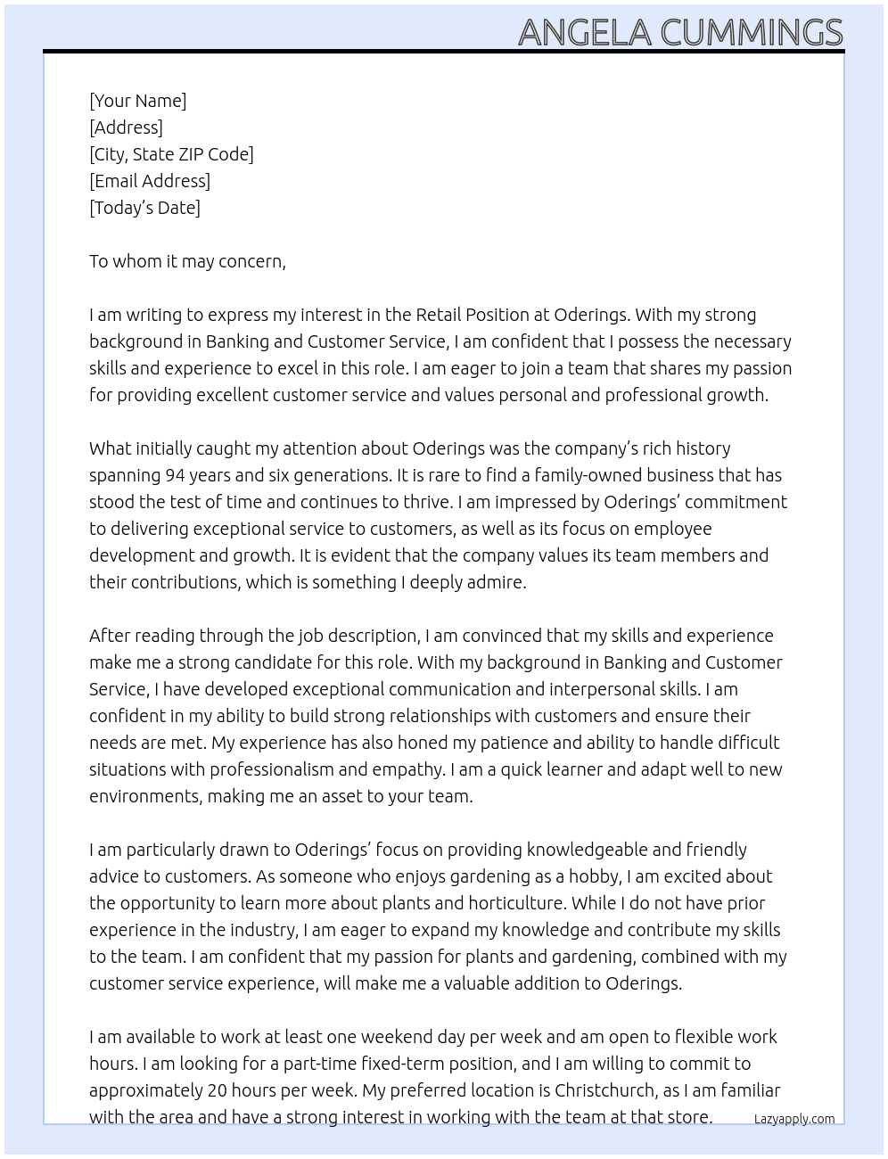 Retail postion At Oderings Cover Letter
