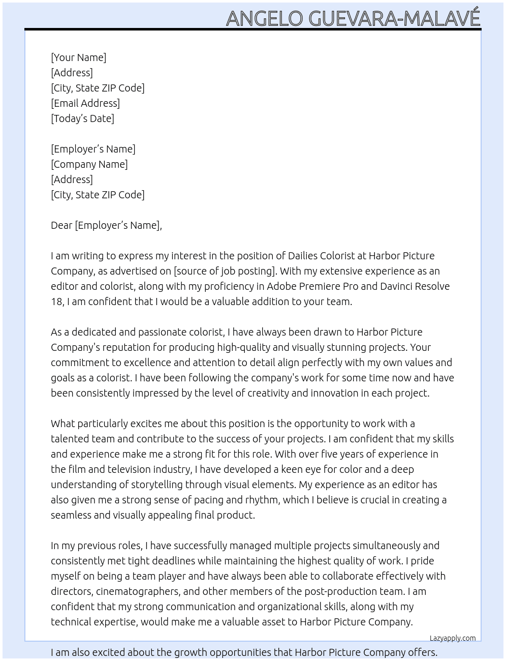 Dailies Colorist At Harbor Picture Company Cover Letter