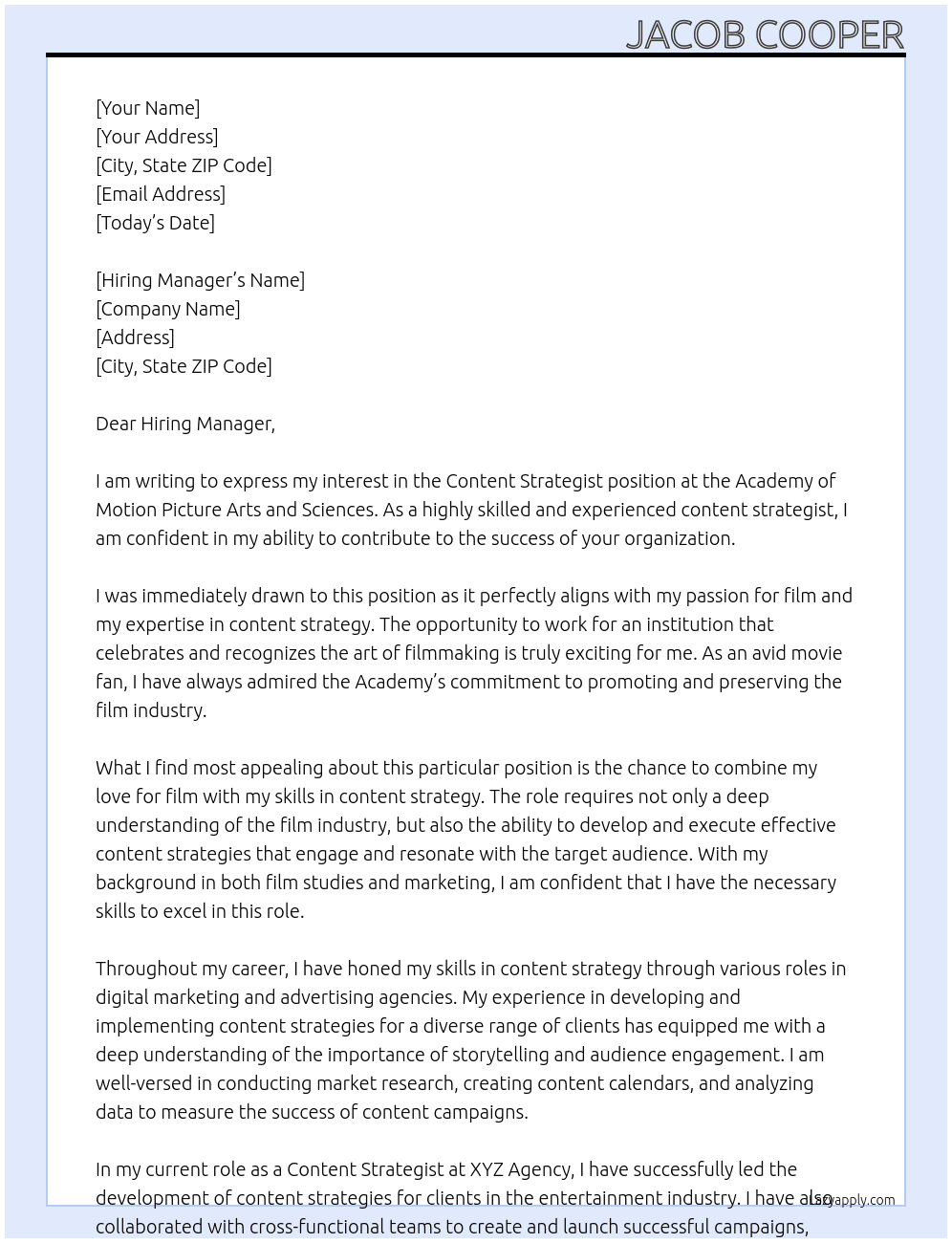 Content Strategist At Academy of Motion Picture Arts and Sciences  Cover Letter