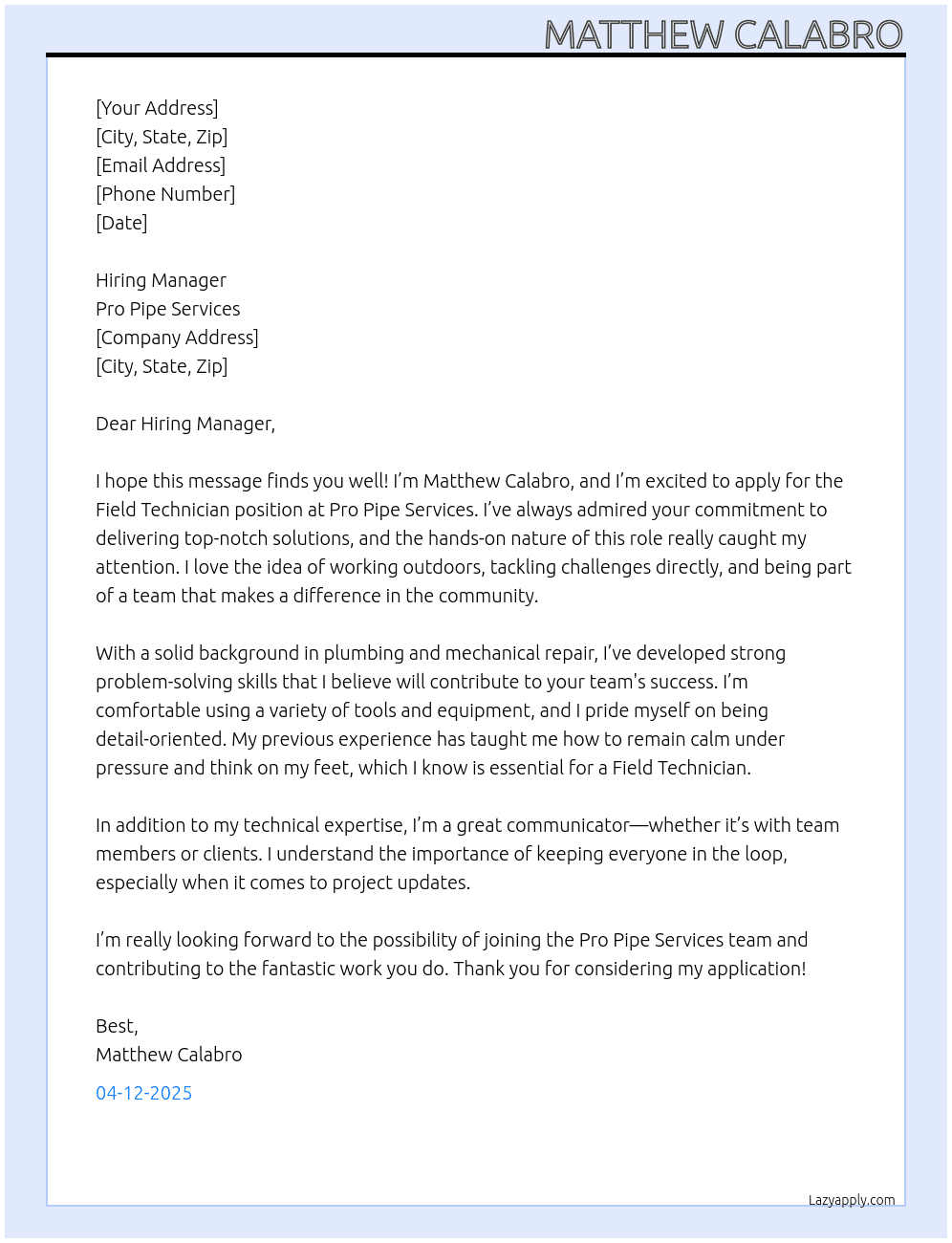 Cover letter for field technician - LazyApply