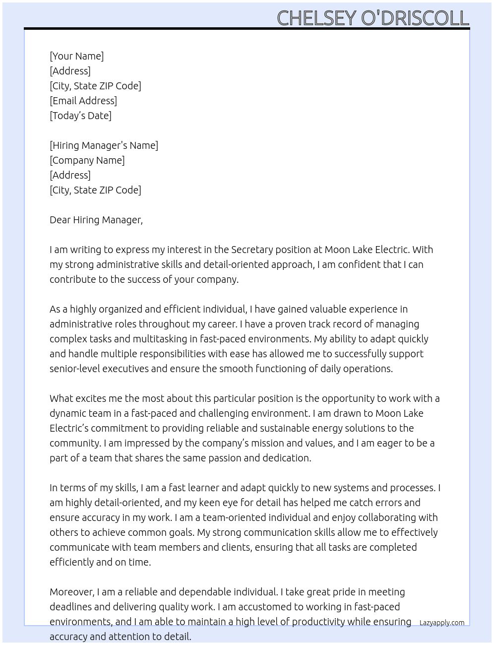 Secretary At Moon Lake Electric Cover Letter