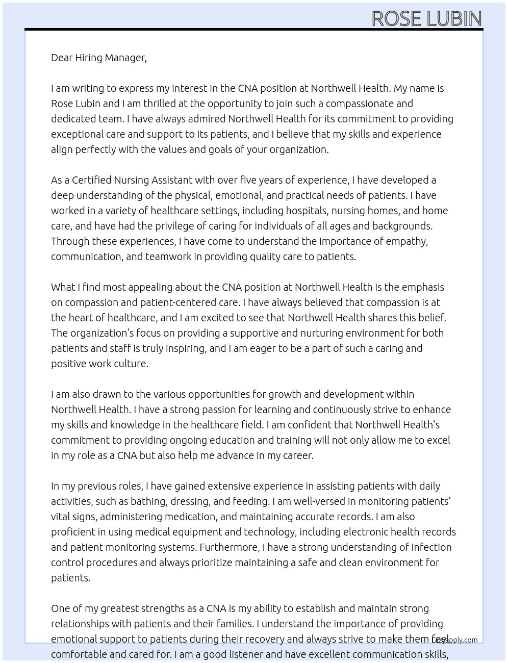 CNA At Northwell health Cover Letter