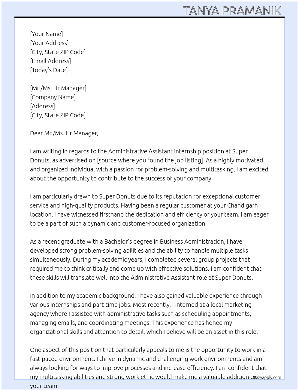 Administrative Assistant At Super Donuts Cover Letter