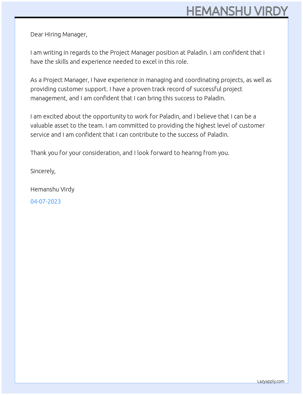Project Manager At Paladin Cover Letter