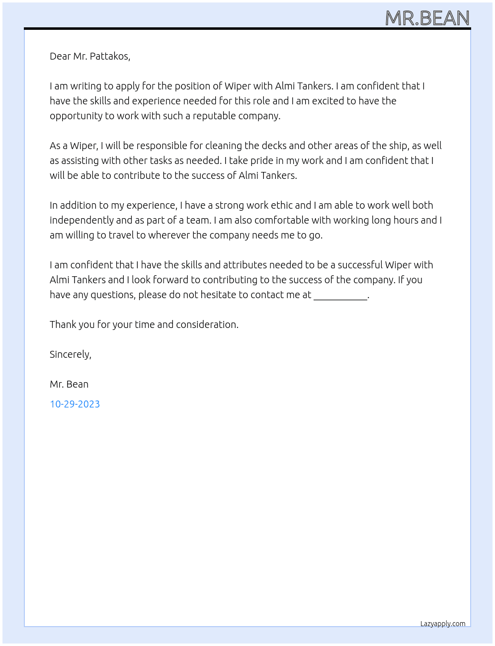 Wiper At Almi Tankers Cover Letter
