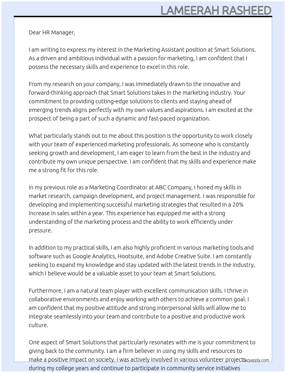 Marketing assistant At Smart Solutions Cover Letter
