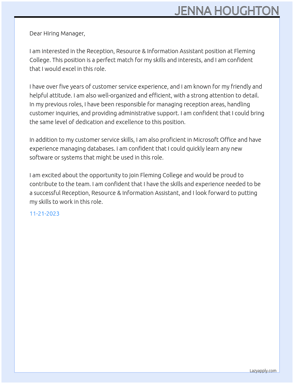 Reception, Resource & Information Assistant At Fleming College Cover Letter