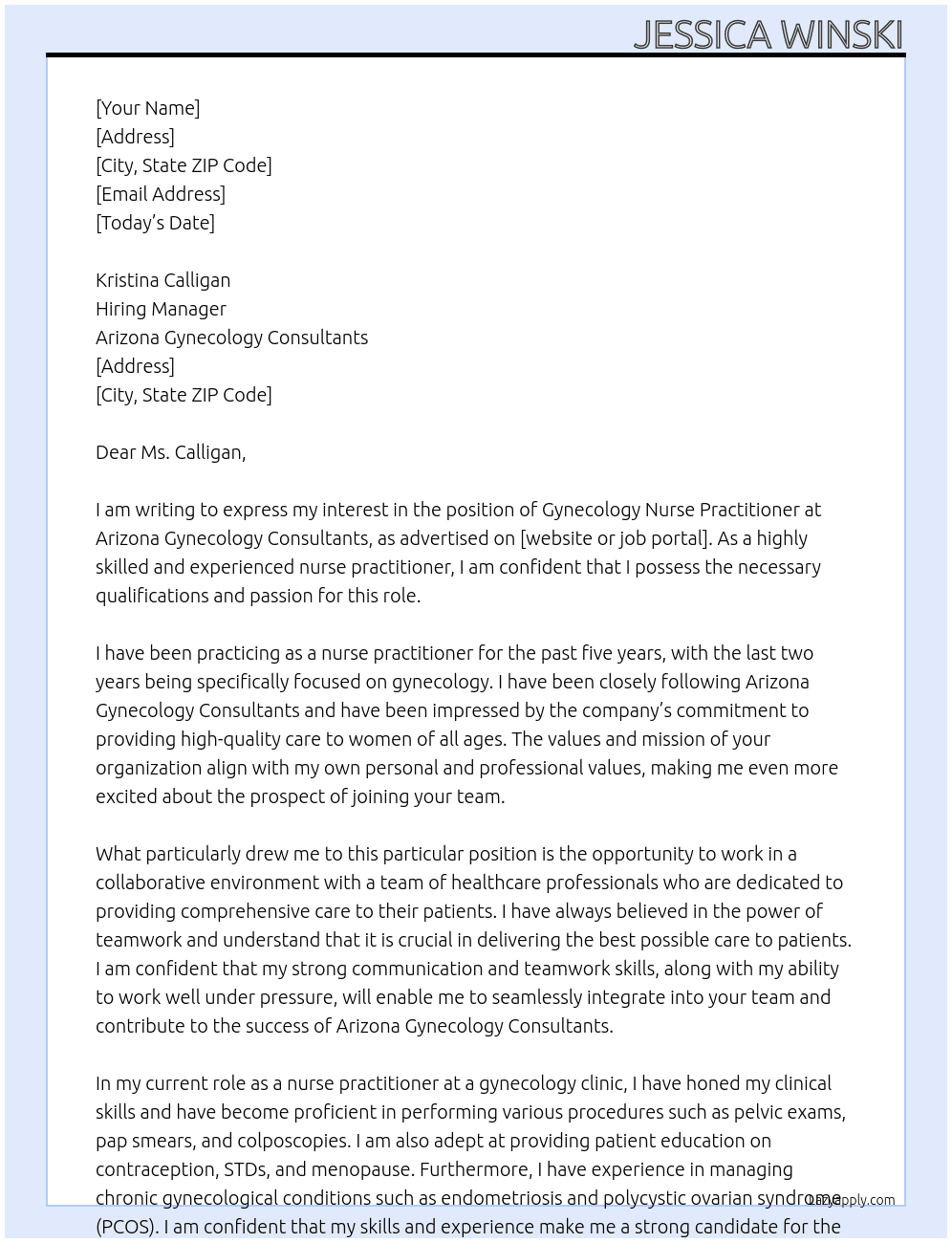 Gynecology Nurse Practitoner At Arizona Gynecology Consultants  Cover Letter