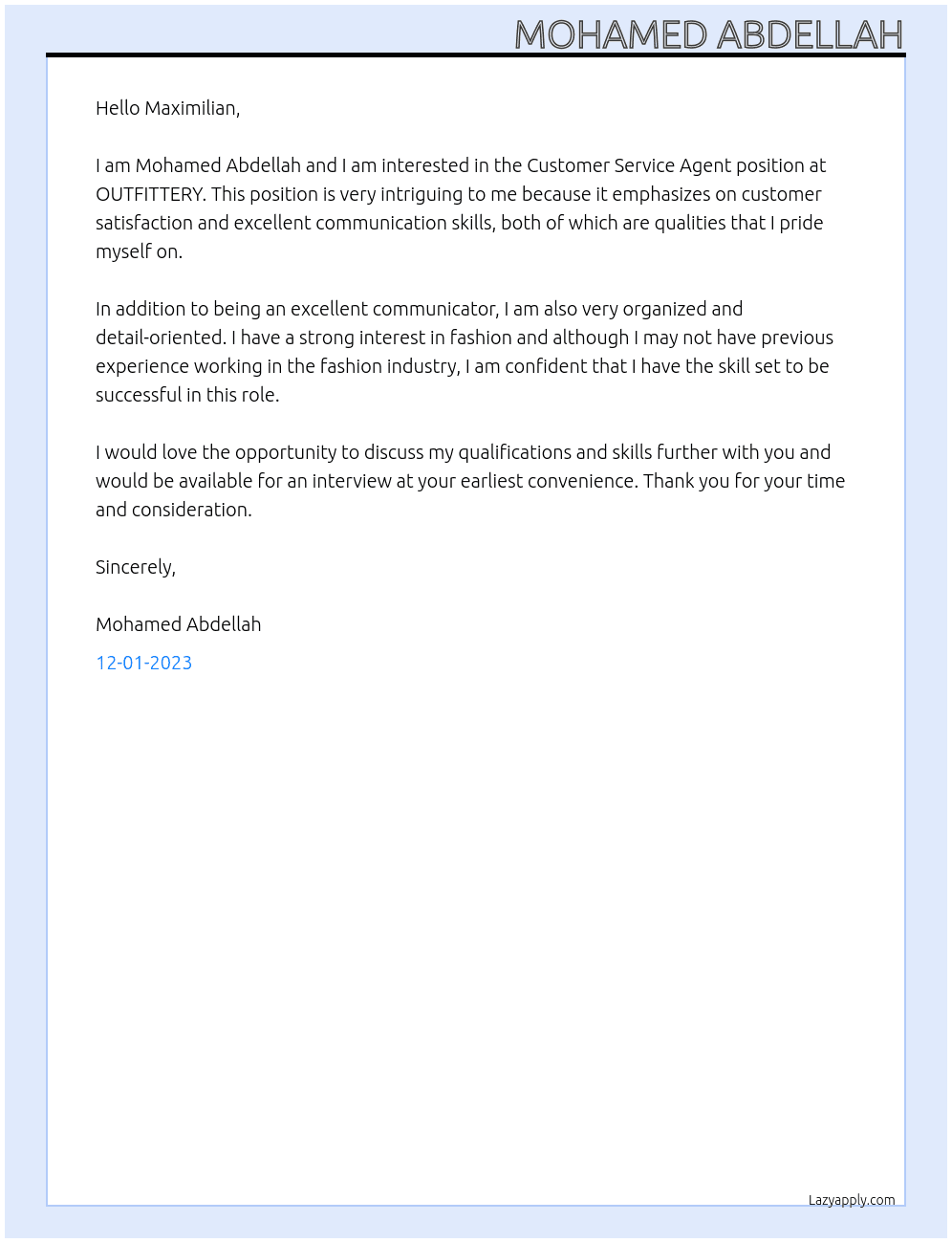 Customer Service Agent At OUTFITTERY Cover Letter
