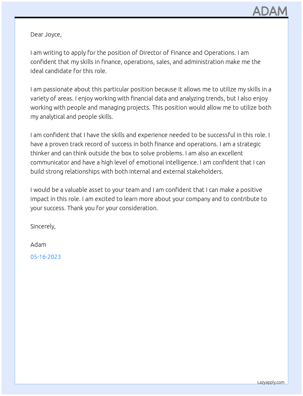 Director of Finance and Operations At Joyce Cover Letter