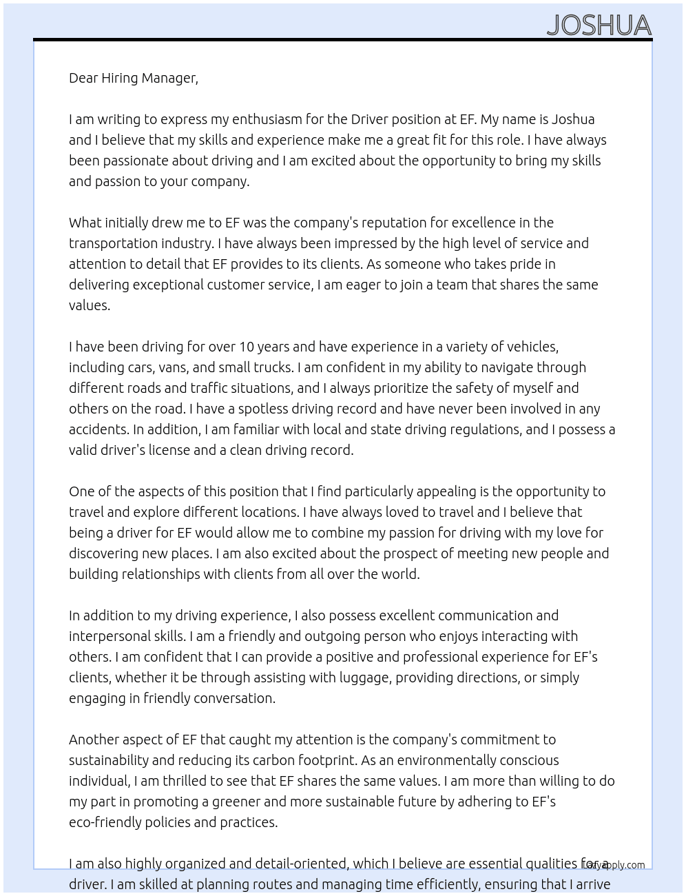 Driver At EF Cover Letter