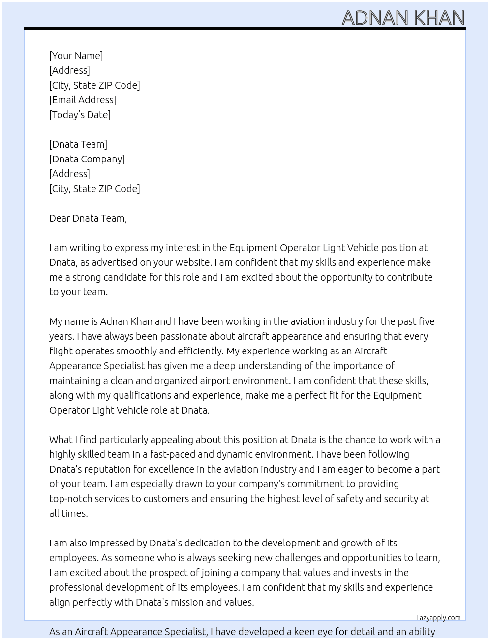 equipment operator light vehicle  At Dnata  Cover Letter