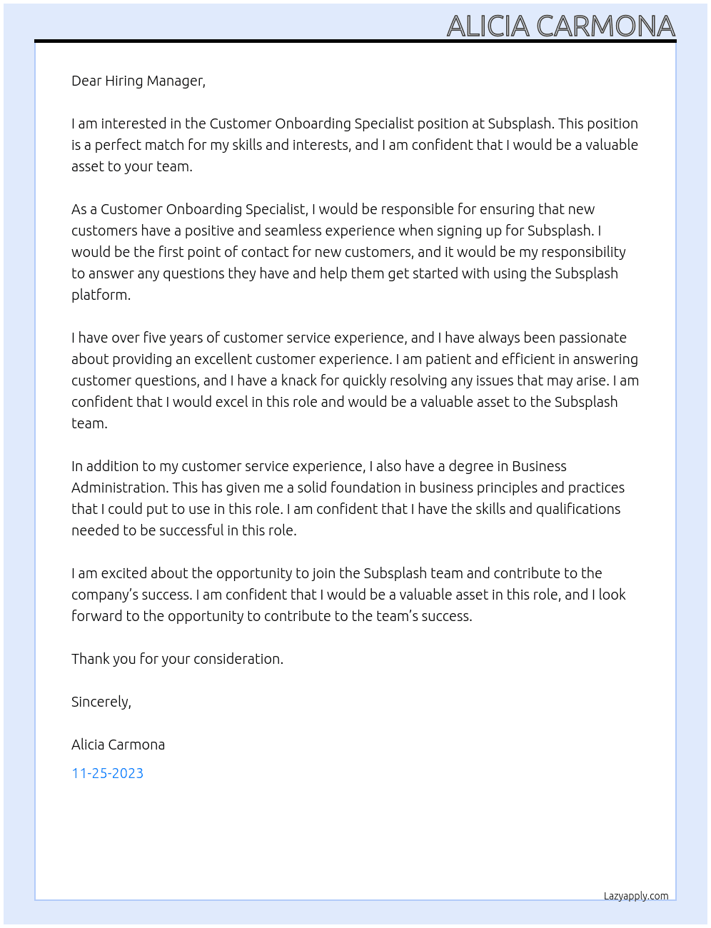 Customer onboarding specialist At Subsplash Cover Letter