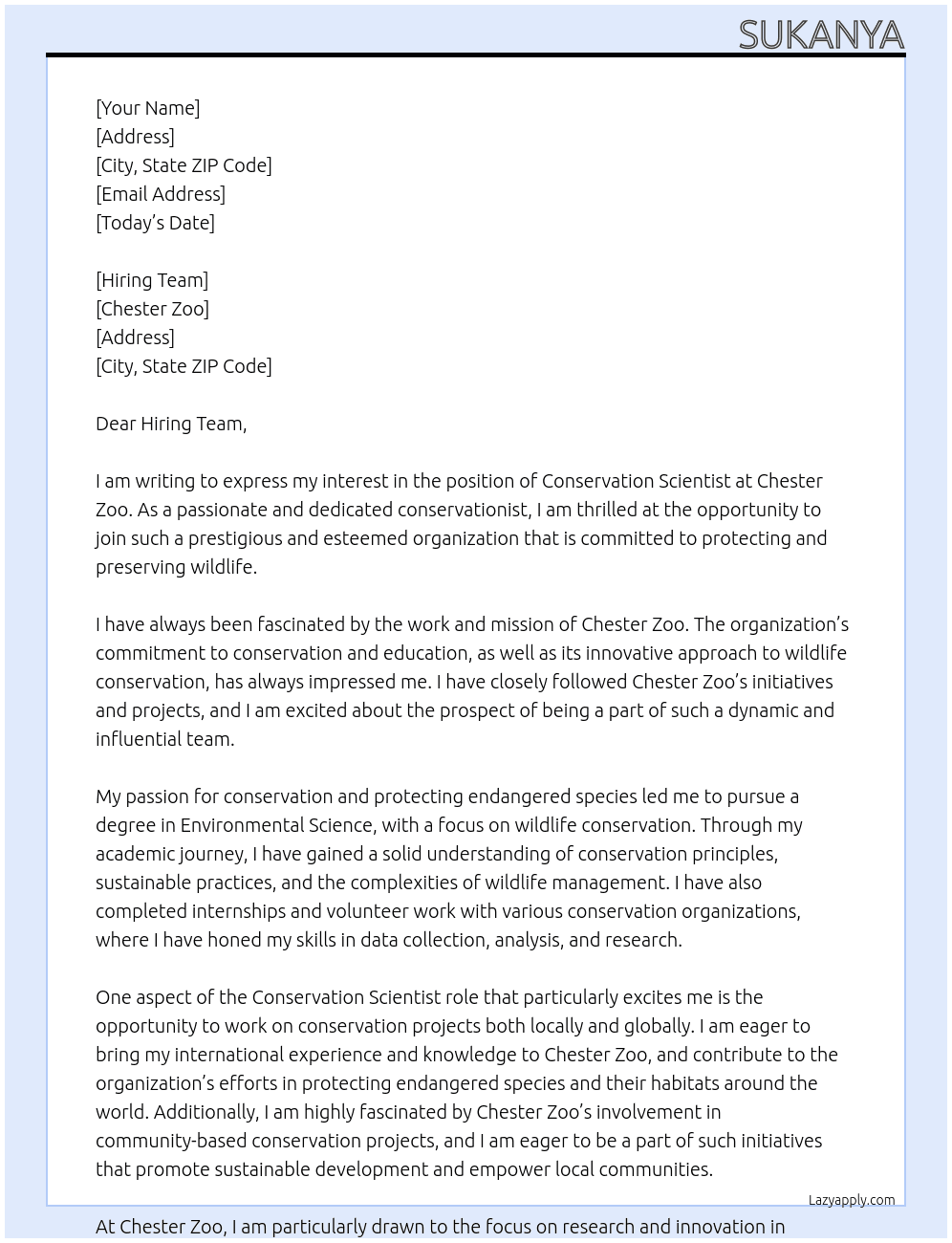 Conservation Scientist At Chester Zoo Cover Letter