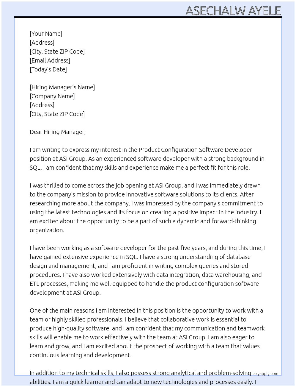 Product configuration Software developer At ASI group Cover Letter