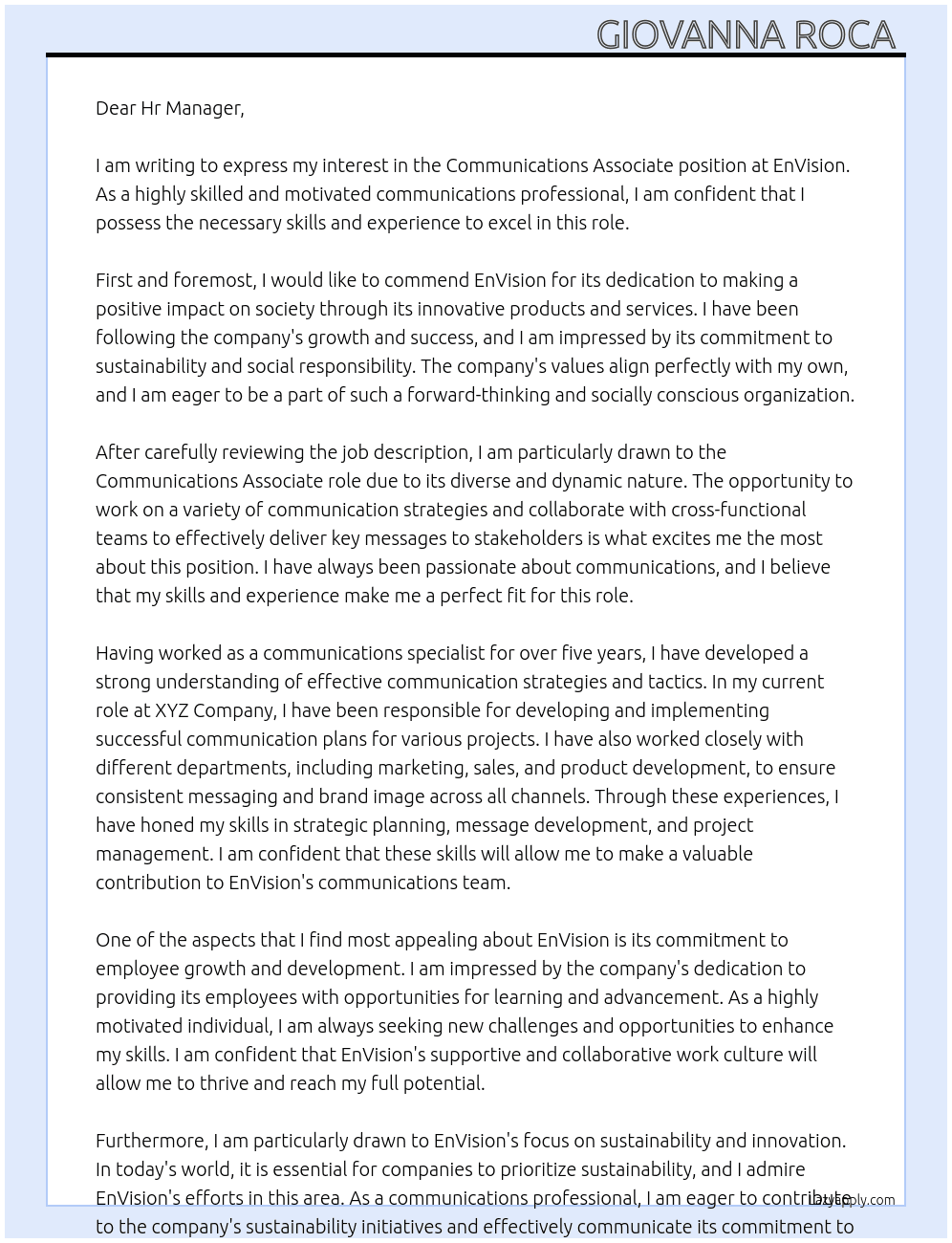 Communications Associate  At EnVision Cover Letter