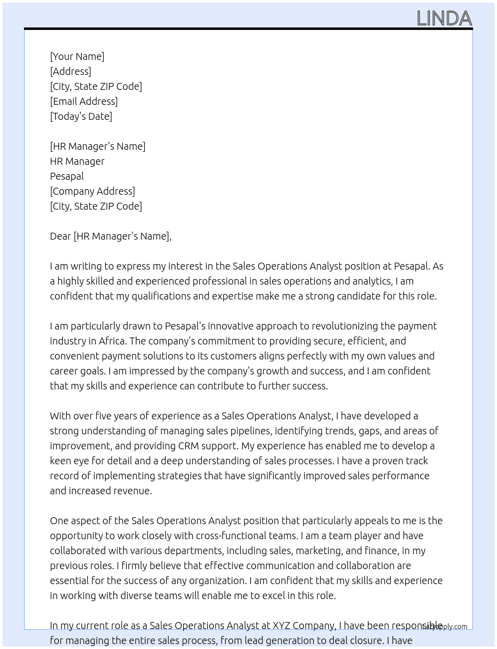 Sales Operations Analyst At pesapal Cover Letter