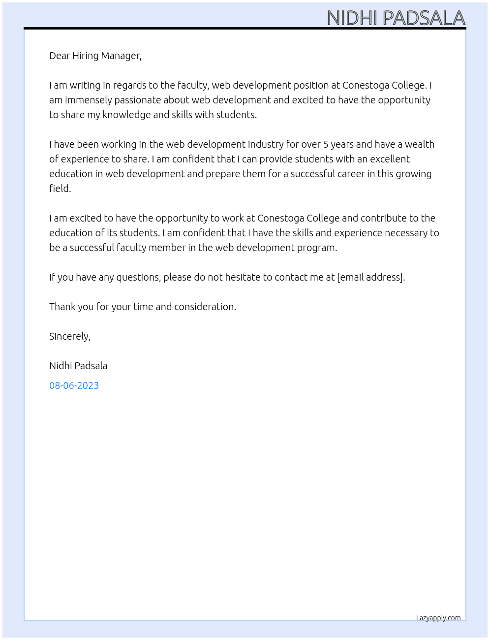Faculty, Web Development At Conestoga College Cover Letter