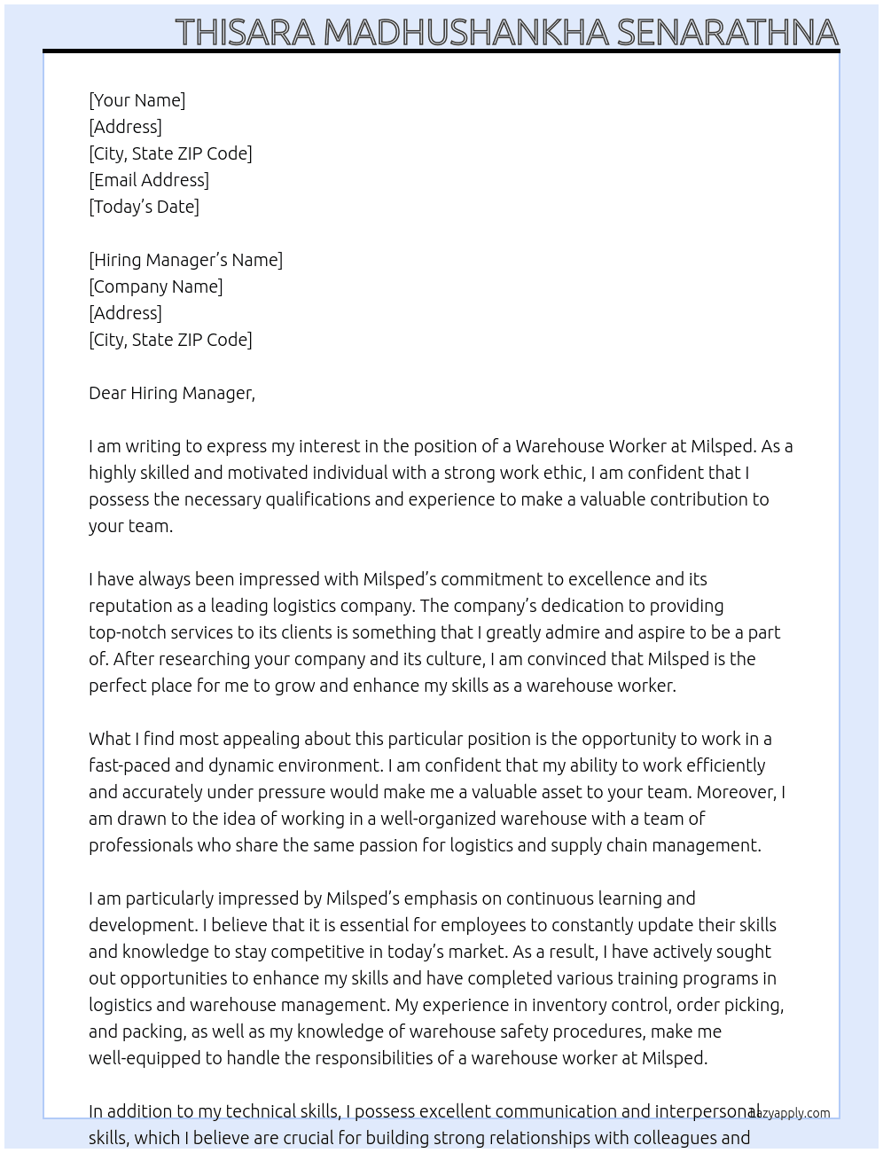 warehouse worker At Milsped Cover Letter