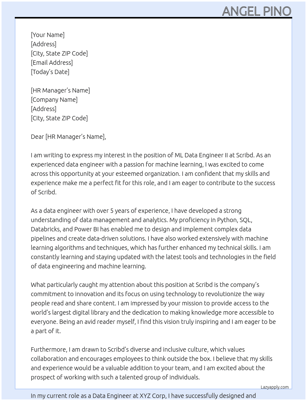 Cover letter for ml data engineer ii - LazyApply
