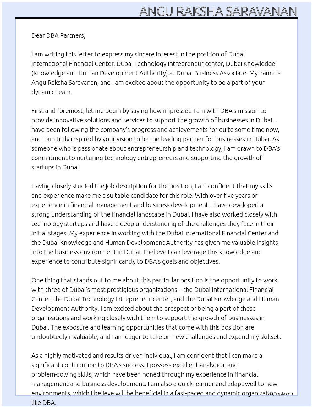 Dubai International Financial Center, Dubai Technology Intrepreneur center, Dubai Knowledge(Knowledge and Human Development Authority) At Dubai Bussiness Associate Cover Letter