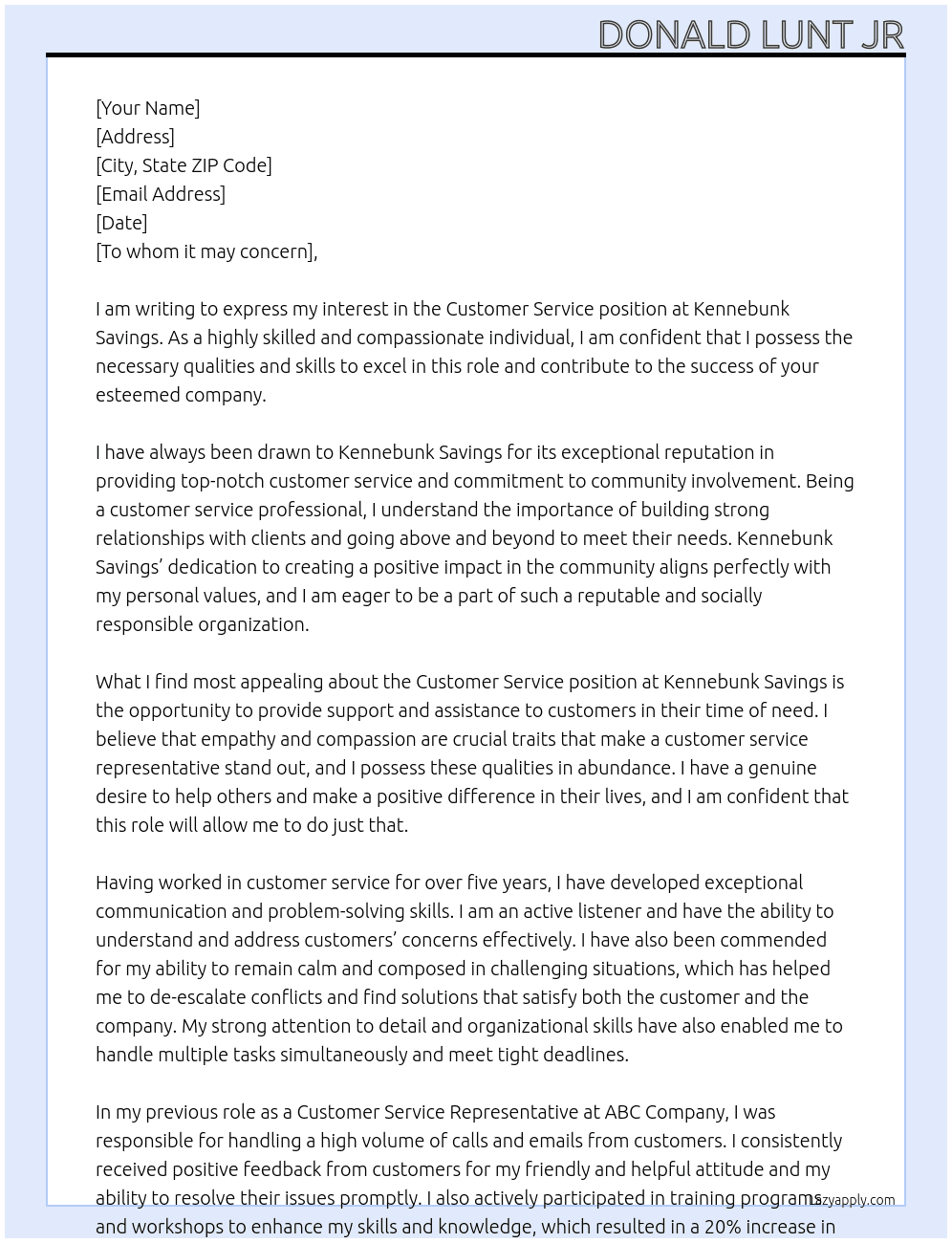 Customer Service At Kennebunk Savings Cover Letter