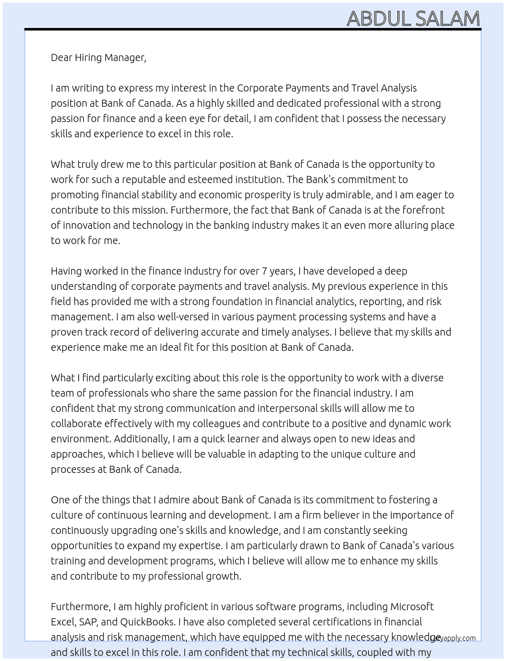 Corporate Payments and Travel Analysy At Bank of Canada Cover Letter