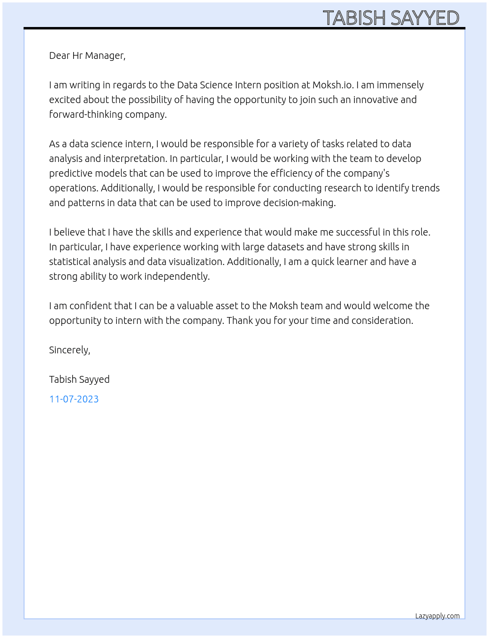 Data science intern At Moksh io Cover Letter