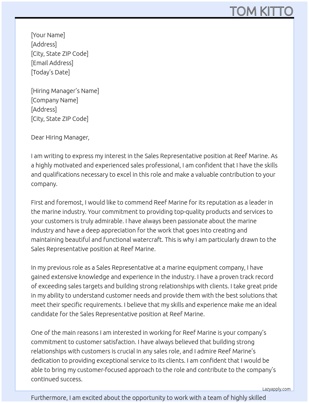 Sales Representitive At Reef Marine Cover Letter