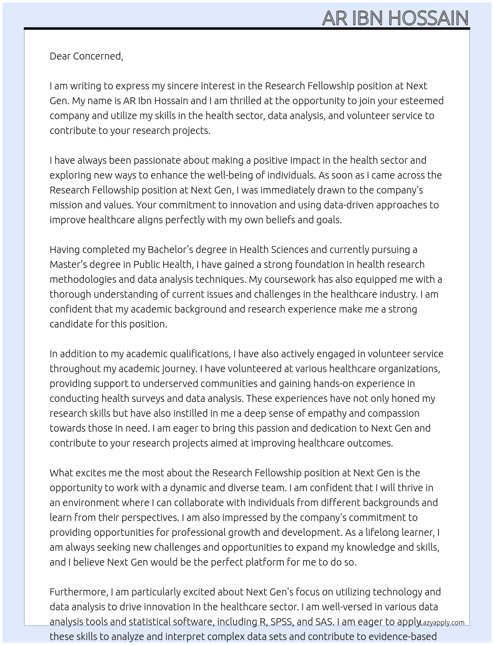 Research fellowship At Next gen  Cover Letter