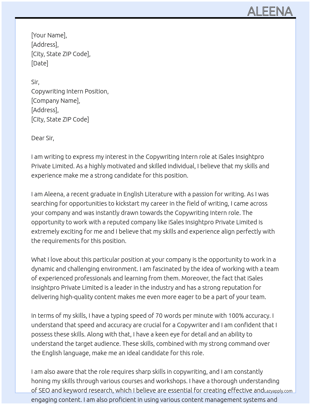 Copywriting intern At ISales Insightpro Private Limited Cover Letter