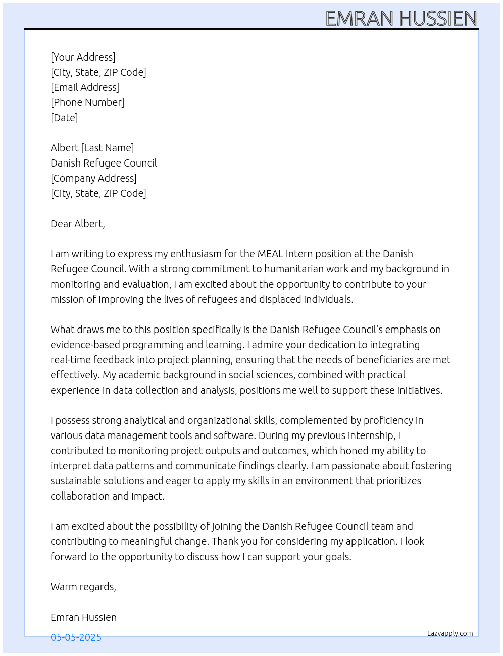 MEAL intern posit At Danish Refugee Council Cover Letter
