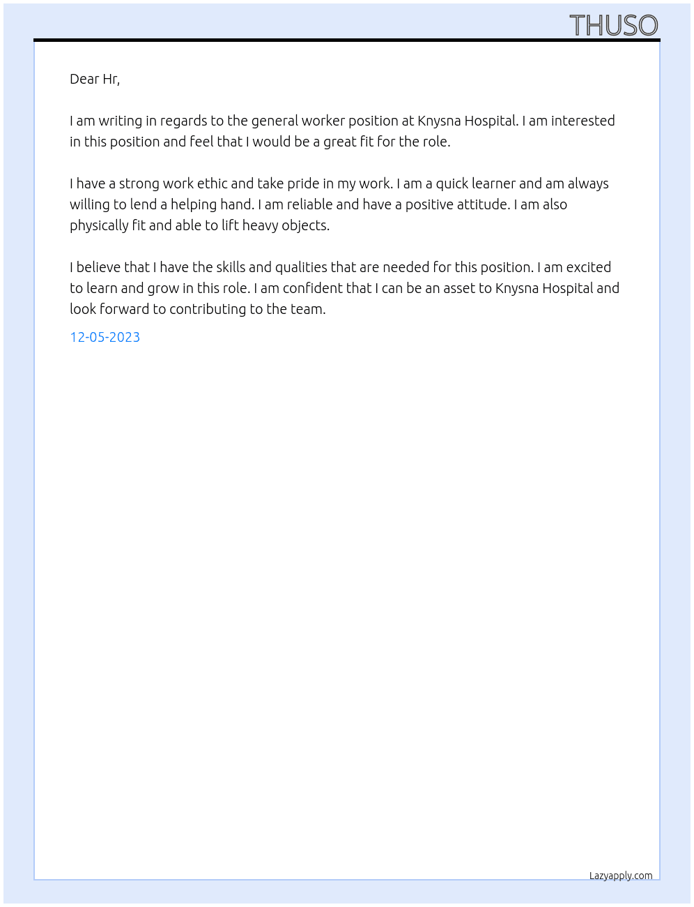 general worker At Knysna Hospital Cover Letter